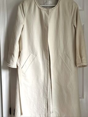 Rue Blanche Cream Collarless Trench Coat With Belt